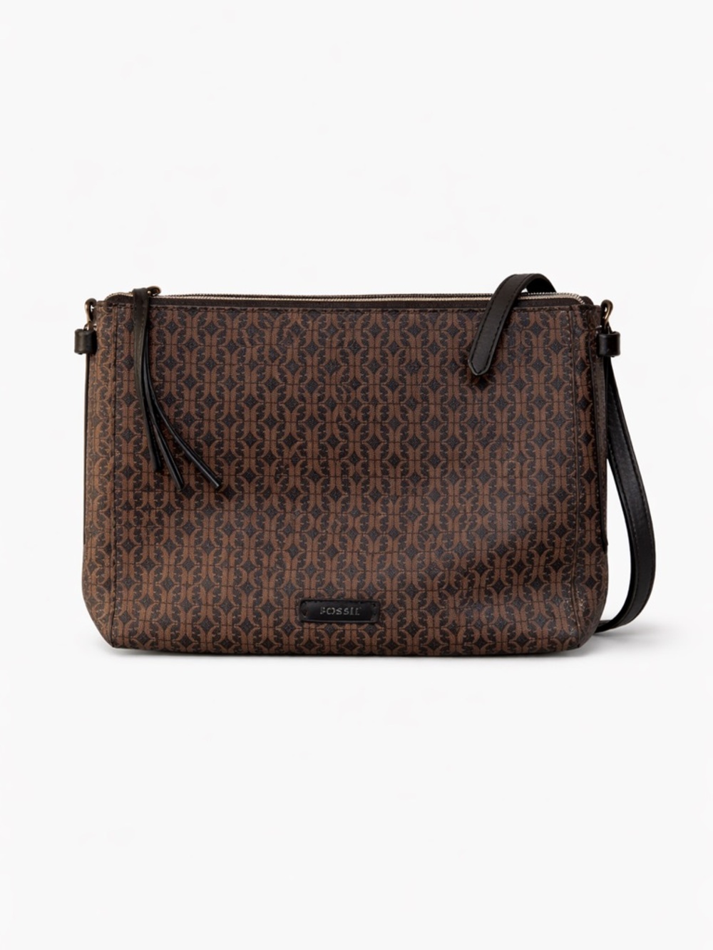 Fossil Brown Monogram Crossbody Bag with Black Strap